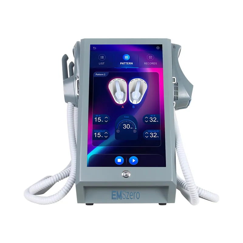 Front view of EMSzero body sculpting machine featuring a large touch screen display and dual treatment handles-2