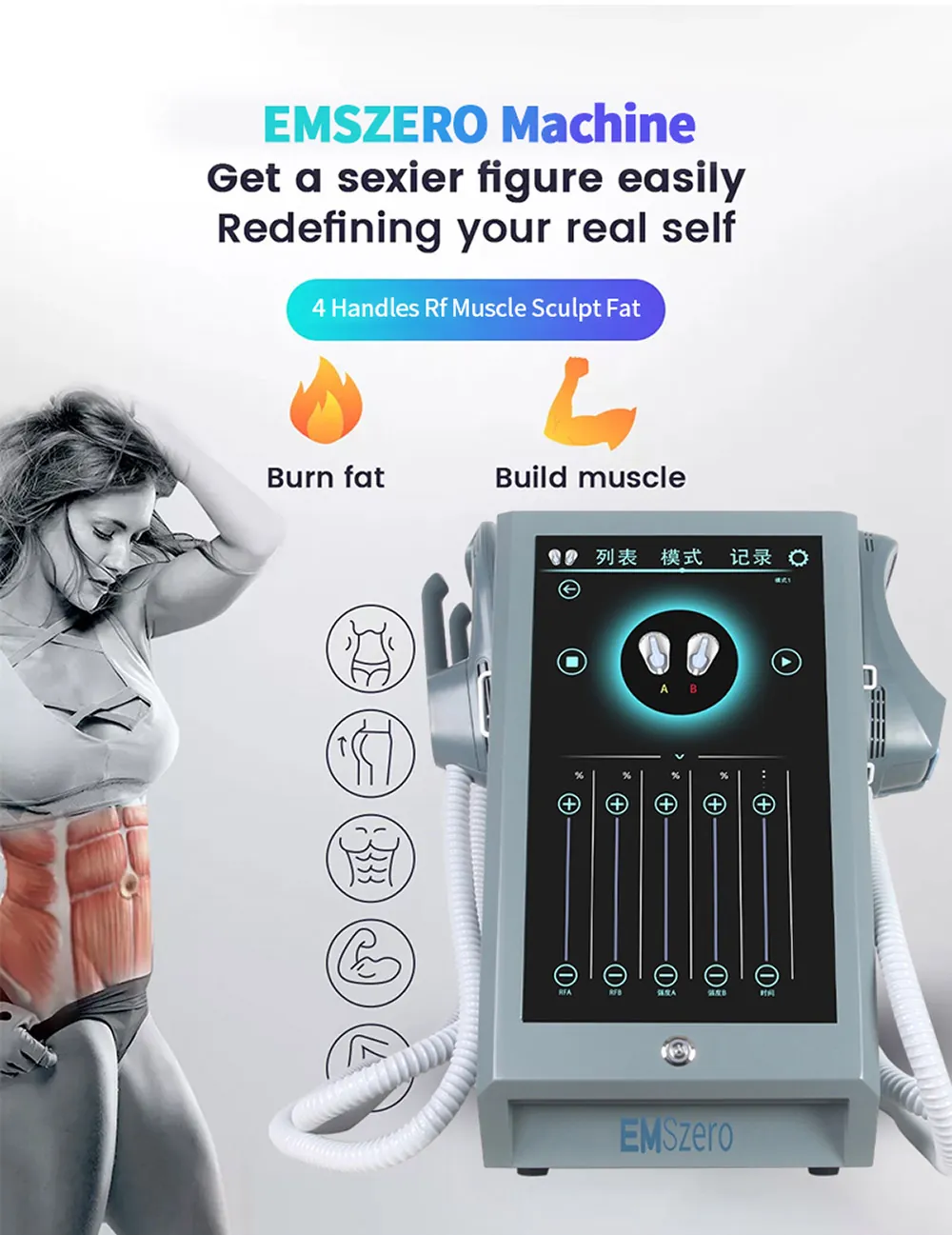 Front view of EMSzero body sculpting machine featuring a large touch screen display and dual treatment handles-3