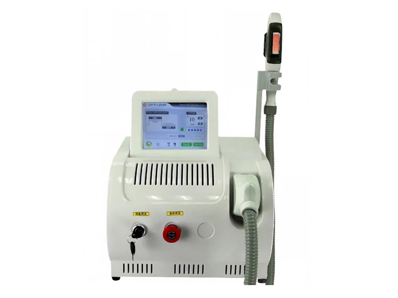 Jing Bow JB-IPL01B portable OPT IPL hair removal and skin rejuvenation machine featuring a digital touch screen, emergency stop button, and treatment handpiece banner