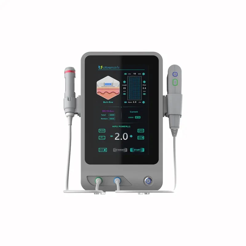 Professional 2-in-1 HIFU machine with touchscreen and dual handles for facial lifting and body contouring