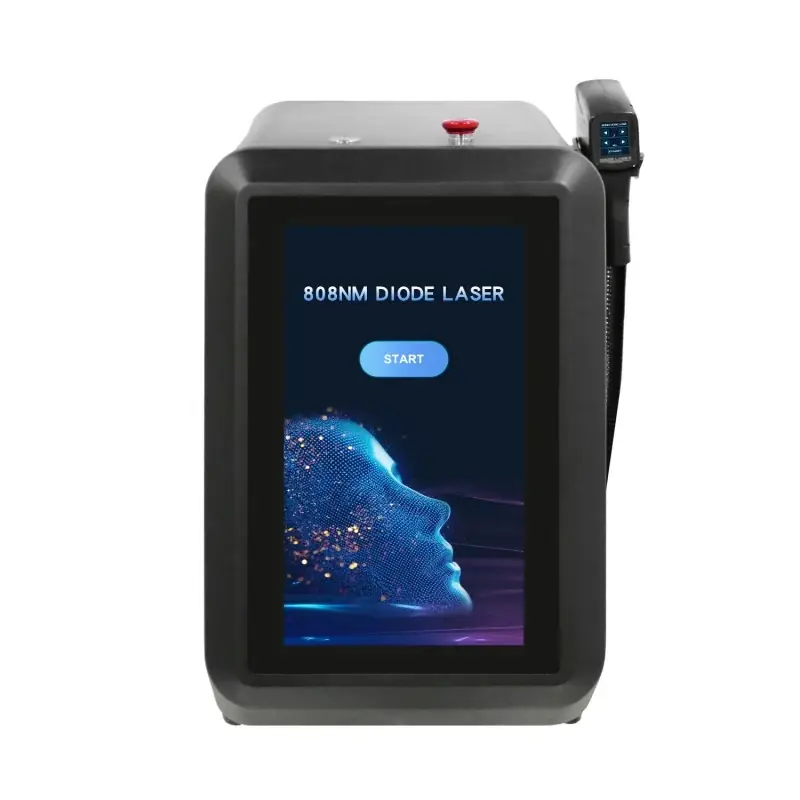 808nm diode laser hair removal machine with a touchscreen display and treatment handpiece.