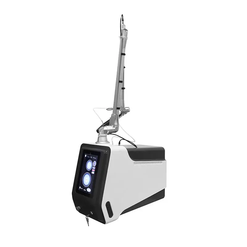Desktop laser beauty machine with optical guide arm, treatment handpiece, and touchscreen control panel on a white background.